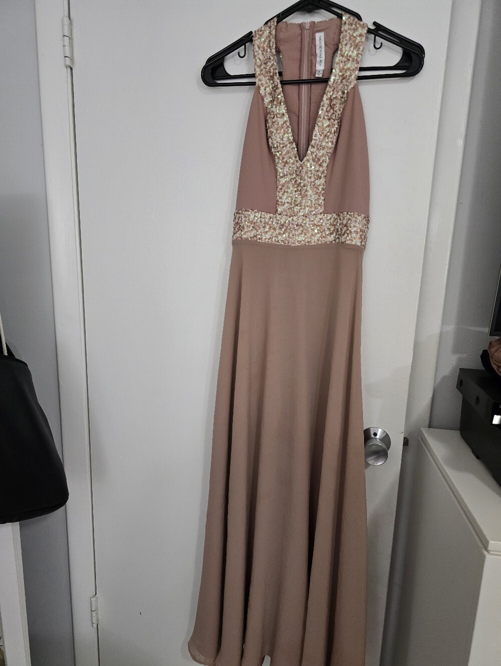 Sequin-Trim Dusty Rose Halter Evening Dress